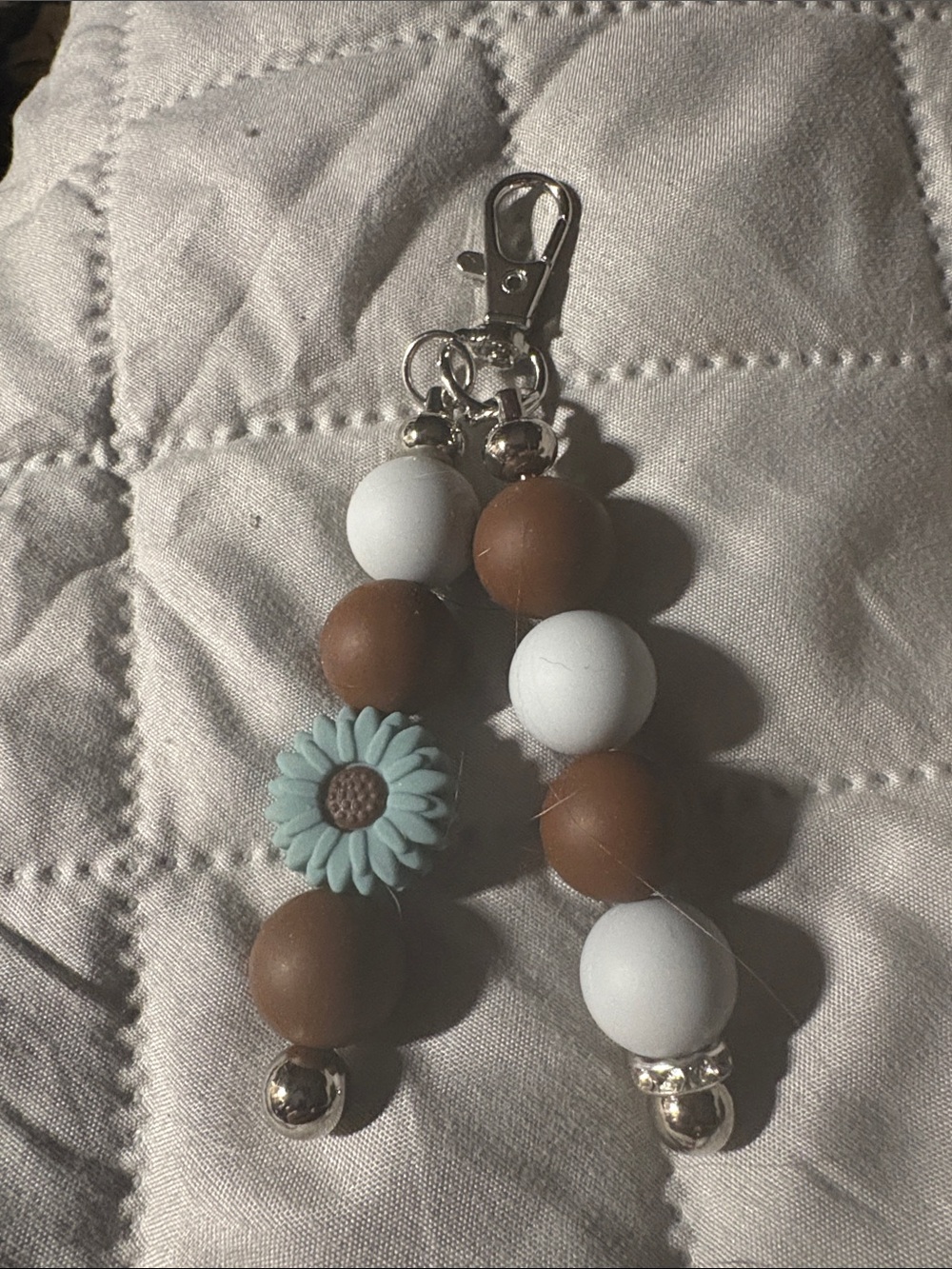 Handmade Brown & White Beaded Keychain with Blue Flower Charm
